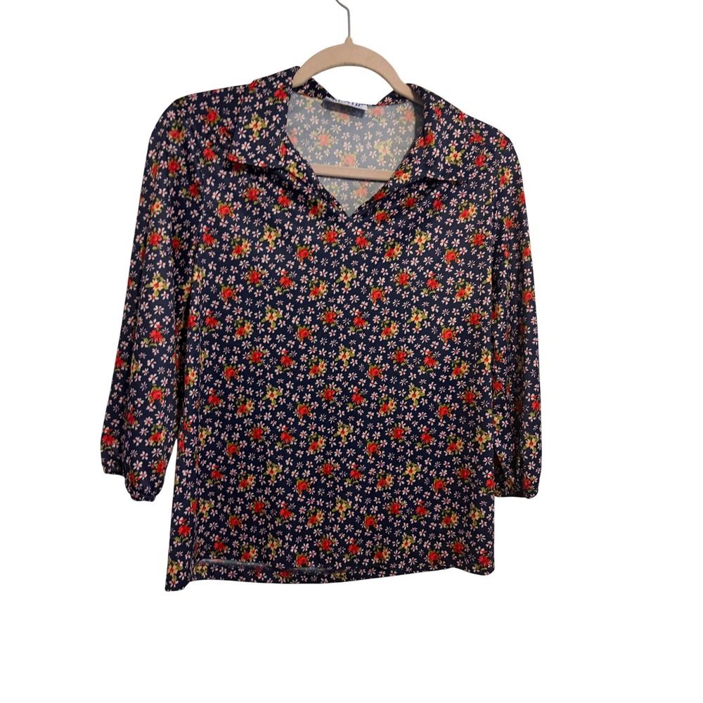 Blair Blouse 1970s Retro Floral Navy Blue Ditsy Print 3/4 Sleeve